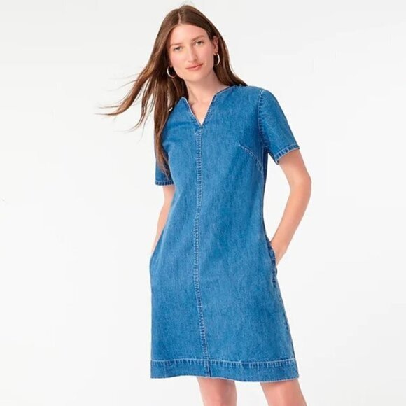 J. Crew Blue Denim Short Sleeve V-Neck Mini Dress 4 - Picture 1 of 6